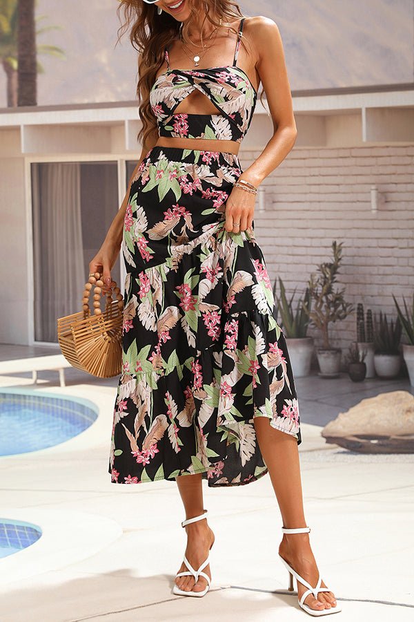 Resort Style Sexy Sling Top Print Skirt Two-piece Set