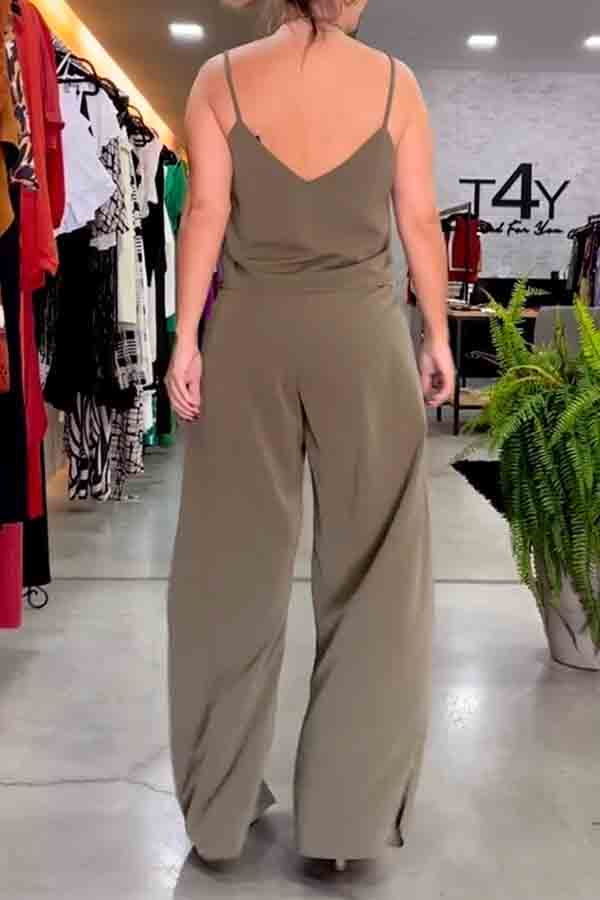 Bandage Solid Color Loose Wide Leg Spaghetti-Neck Jumpsuits