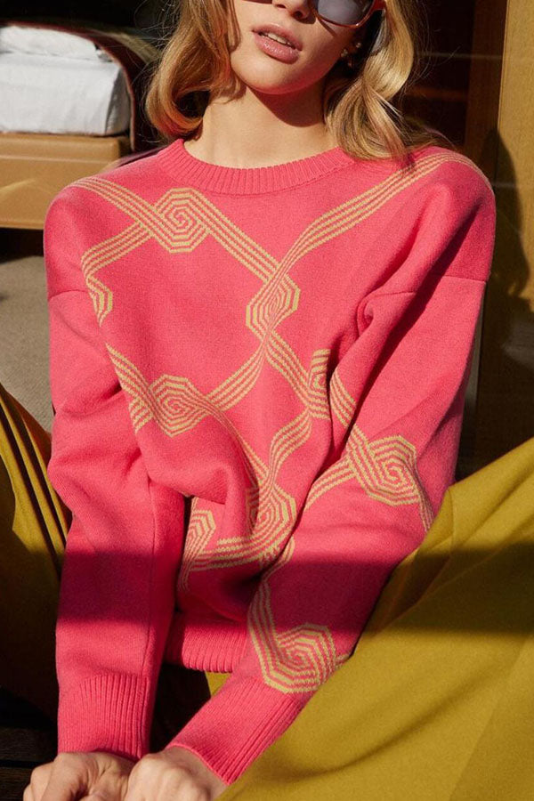 Geometric jacquard mid-length knitted sweater