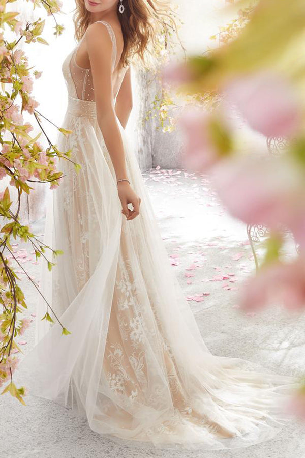 Robe de mariée sexy en dentelle sans manches à col B