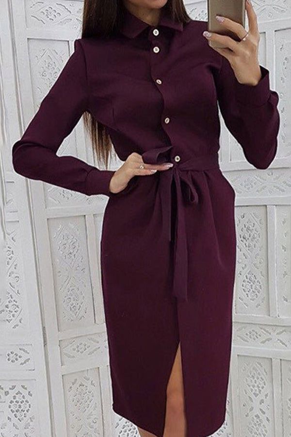 Women's Dresses Lapel Button Tie Long Sleeve Shirt Dress