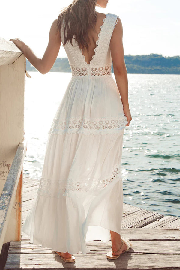 Robe de vacances sexy en mousseline de soie, col en V, sans manches, avec grande évasée