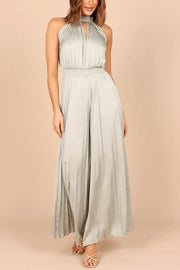 Callie Satin Halter Cutout Neck Pleated Elastic Waist Jumpsuit