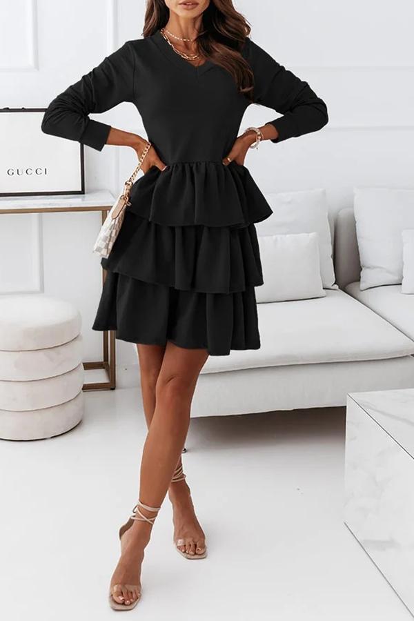 Solid Color Long-sleeved V-neck Irregular Dress