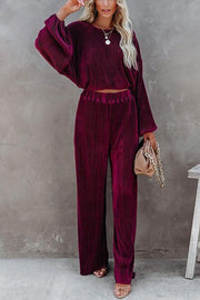 High Rise Plisse Wide Leg Pants Suit