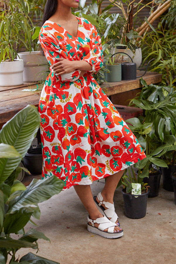 tomato print v-neck loose dress