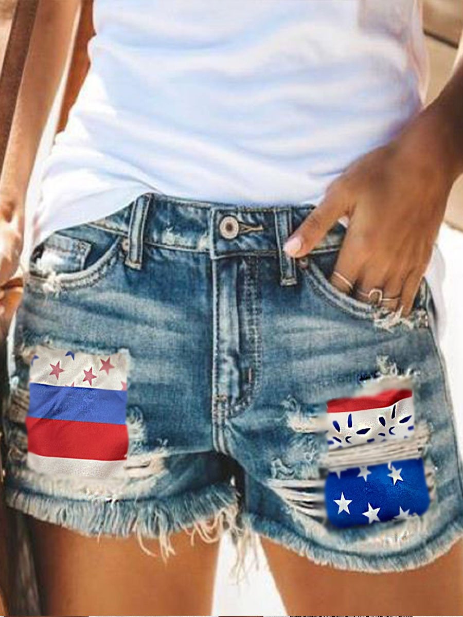 Casual Independence Day Patchwork Denim Shorts