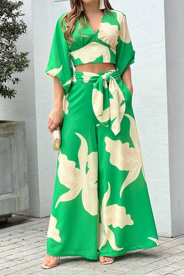 Fashion Print V-Neck Long Sleeve Top & Wide Leg Pants Two-Piece Set