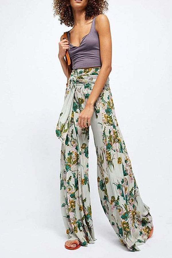 Printed Women's Loose Beach Wide Leg Lace-up Trousers