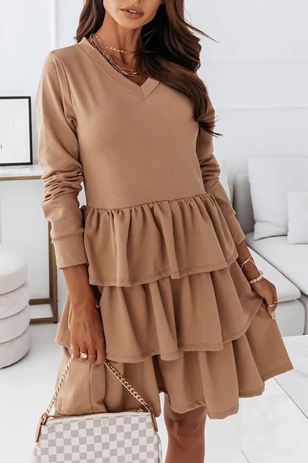Solid Color Long-sleeved V-neck Irregular Dress
