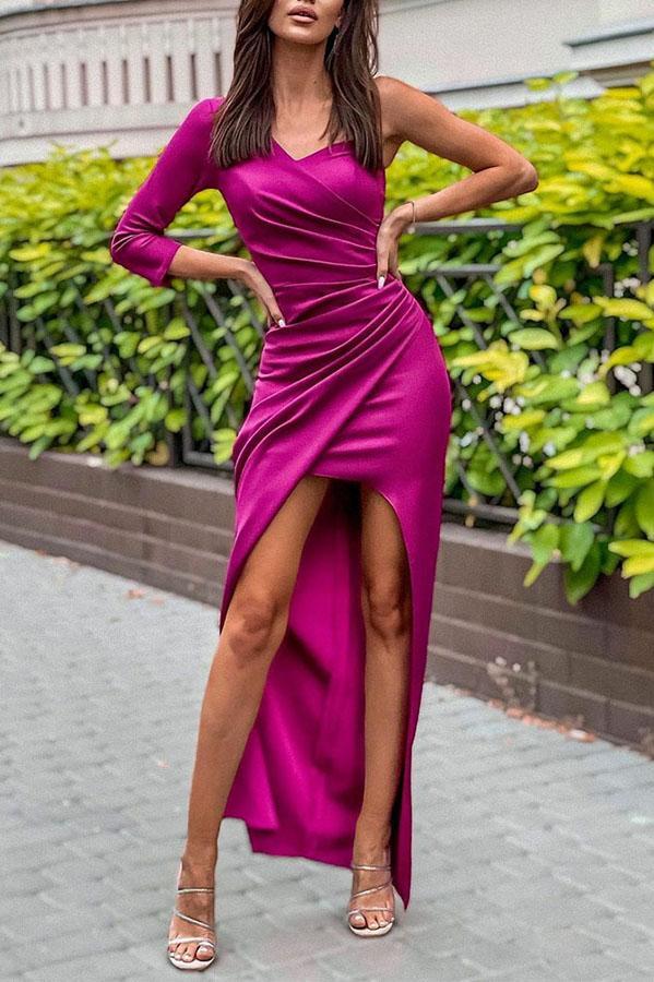 Perfectly Yours One Shoulder Ruched Slit Dress
