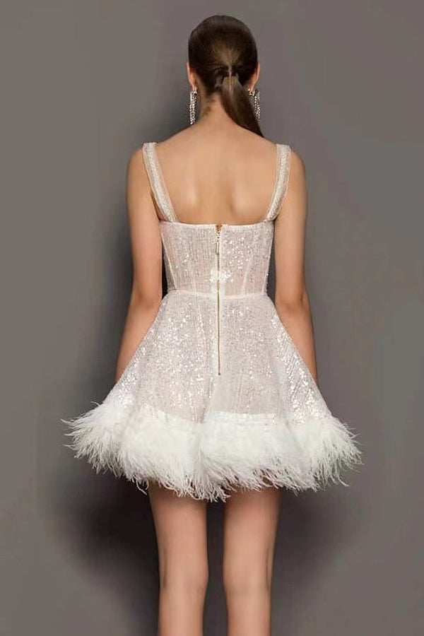 Sexy Wrapped Breast Dress Feather Sequins Dress