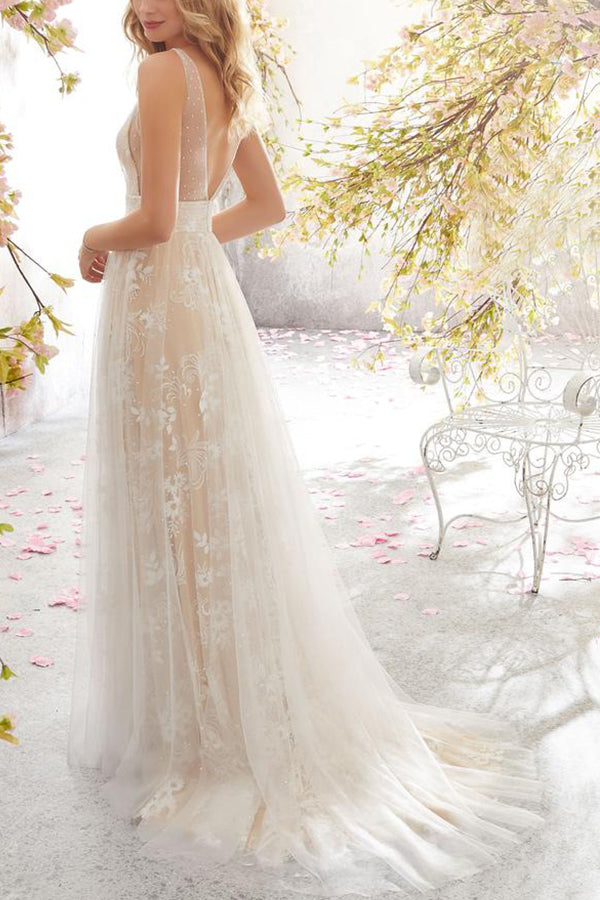 Robe de mariée sexy en dentelle sans manches à col B