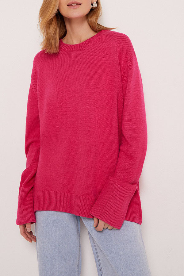 loose solid color round neck knitted sweater