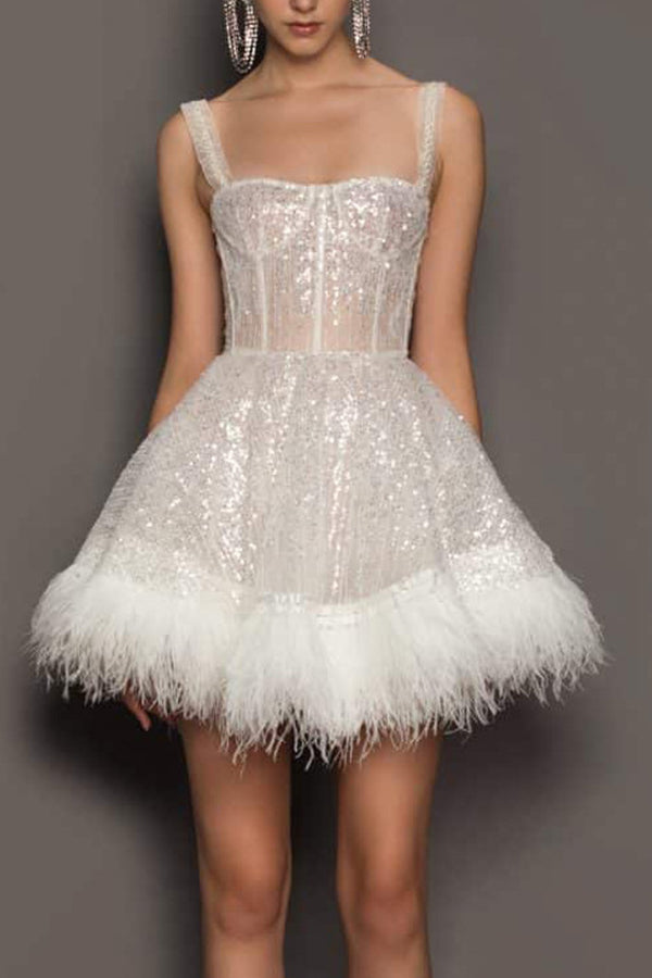Sexy Wrapped Breast Dress Feather Sequins Dress