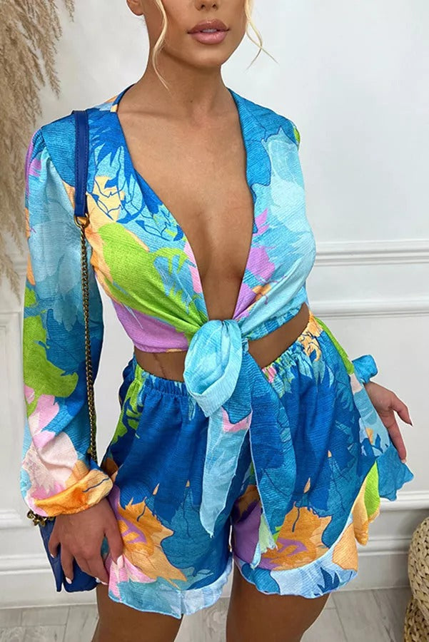 Glowing Girl Abstract Print Tie Front Shorts Suits