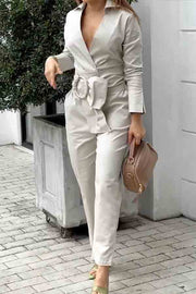 Belted Solid Color Long Sleeves V-Neck Jumpsuits