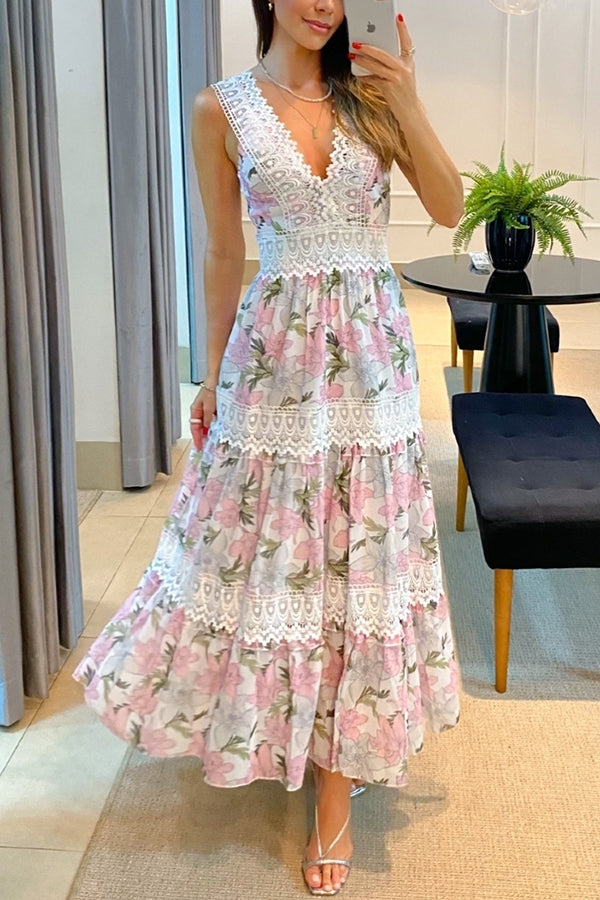 Robe mi-longue fleurie à bordure en dentelle Sunny Garden 
