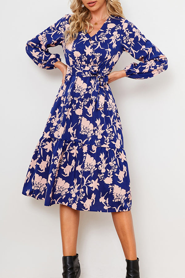 Long Sleeve V Neck Floral Dress