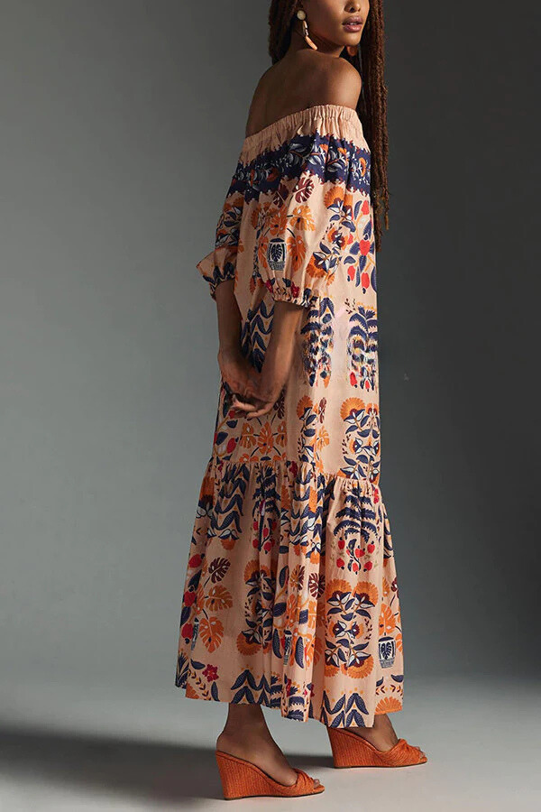Robe mi-longue fluide à poches et épaules dénudées imprimée Island Lover