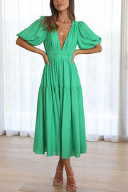 Sunshine Villa Puff Sleeve Elastic Waist Midi Dress