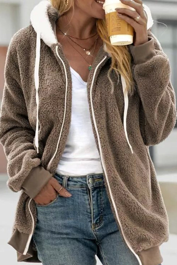 women's loose plush zippered hooded jacket