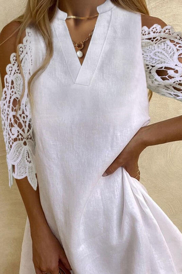 V-Neck Lace Sleeves Loose Midi Dress