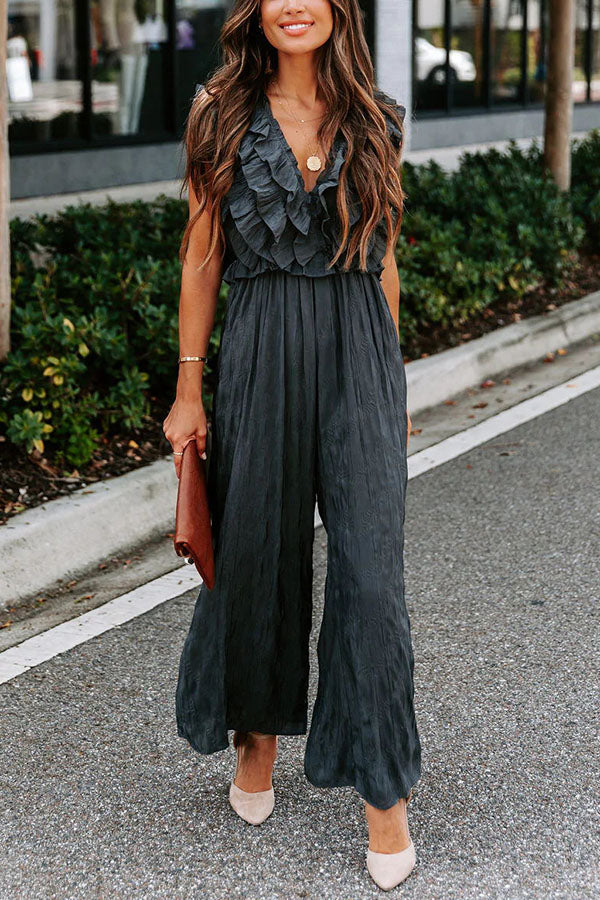 Ruffle Neckline Wide Leg Jumpsuit