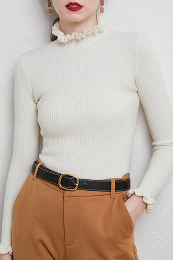 ruffled half turtleneck slim fit sweater