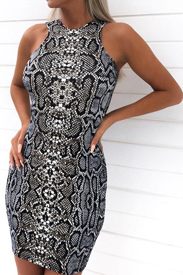 Snake pattern sexy wrap hip sleeveless bottoming dress