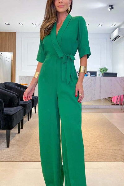 Brighten My Day Wrap Tie Lapel Half Sleeve Jumpsuit