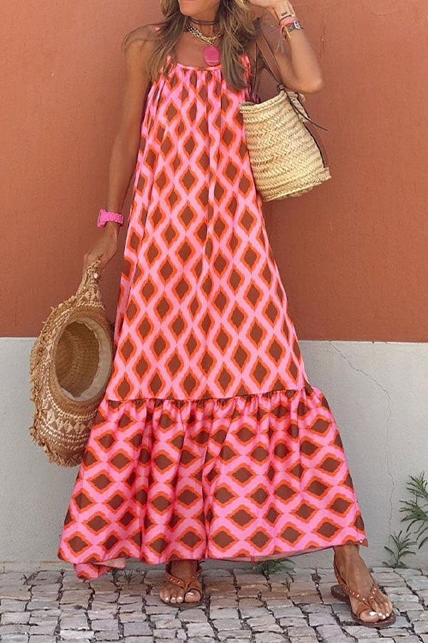 Sleeveless Printed Ruffle Maxi Cami Dress