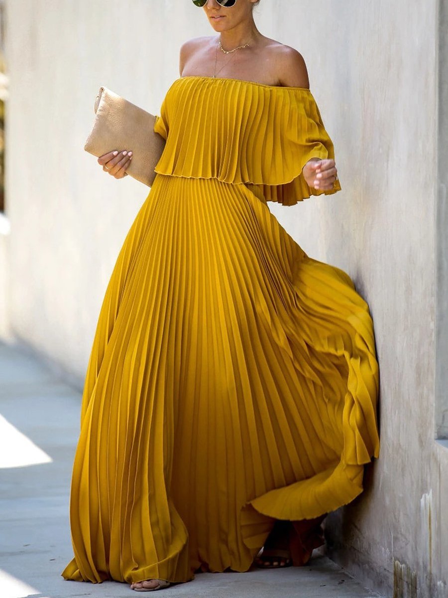 Robe longue en mousseline de soie à volants