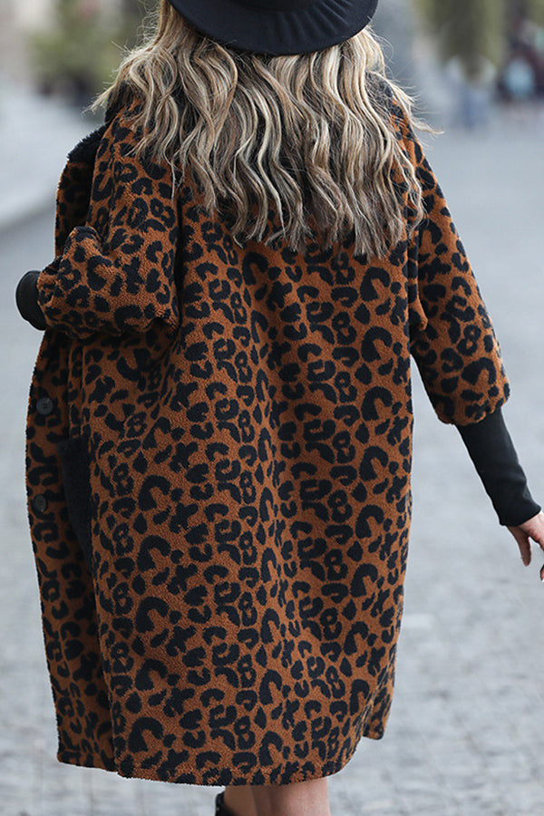 Fashionable and loose leopard print splicing black imitation fur fur coat