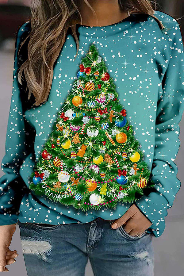 Lässiges, lockeres Langarm-Sweatshirt mit Rundhalsausschnitt und Weihnachtsbaum-Print
