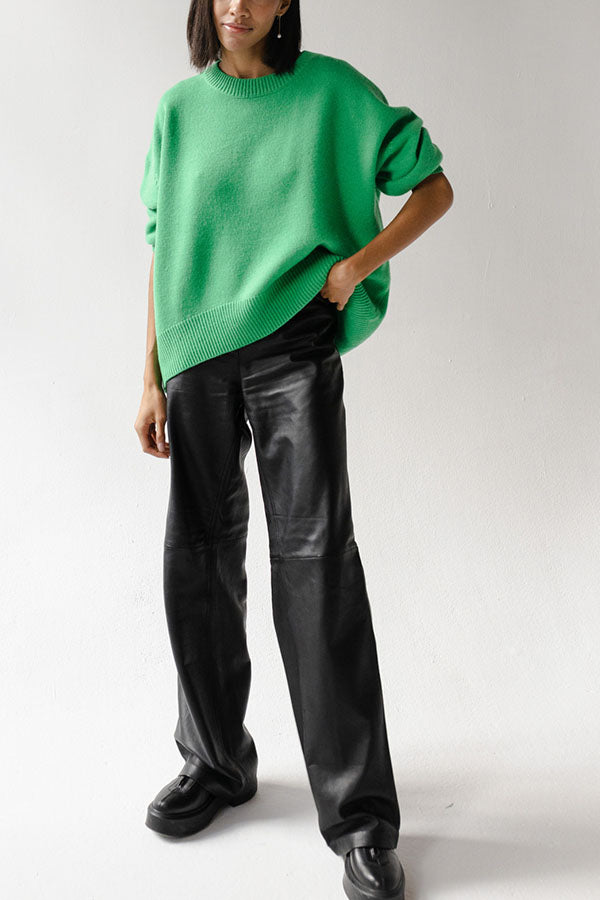 loose solid color round neck knitted sweater