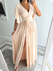 Solid V-Neck Flared Sleeve Slit Dress