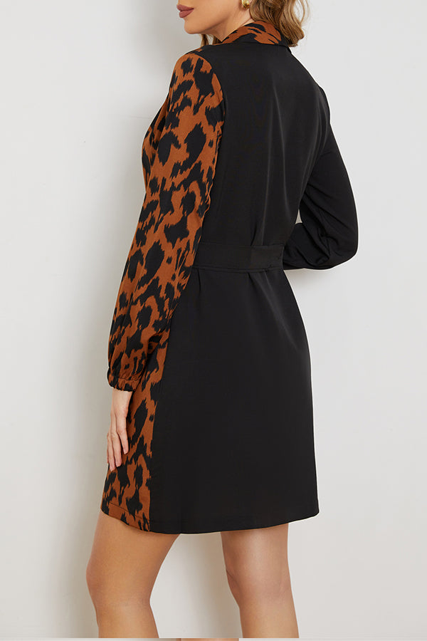 Long Sleeve Leopard Panel Shirt Dress