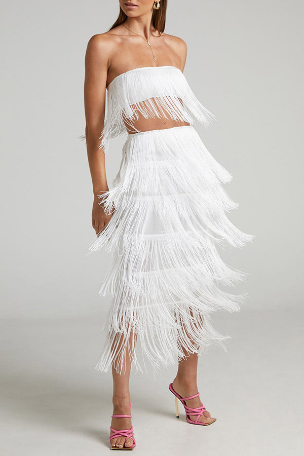 Tailleur élégant à jupe longue à franges sans bretelles