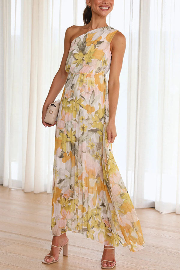 Saw An Angel Floral One Shoulder Elastic Waist Pleated Maxi Dress