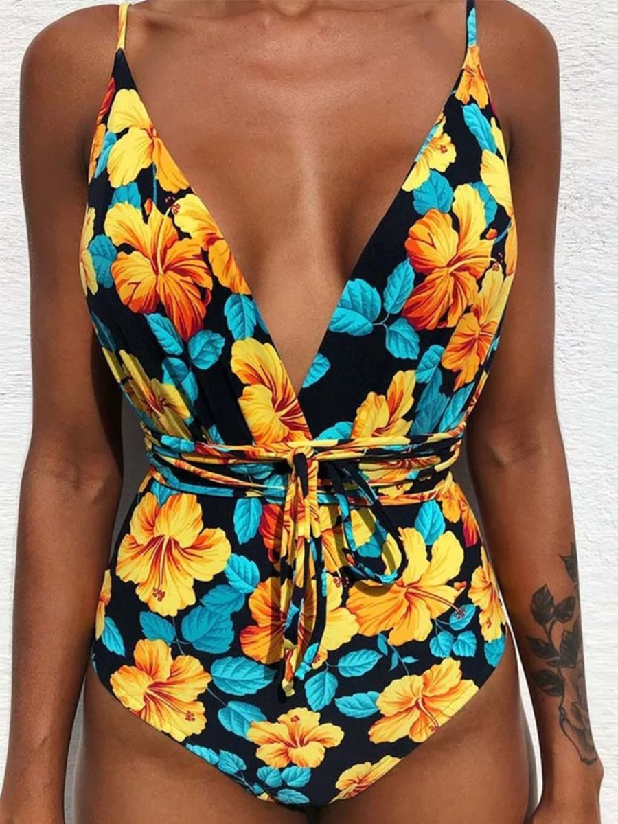 Strap Yellow Flower One-piece Swimsuit