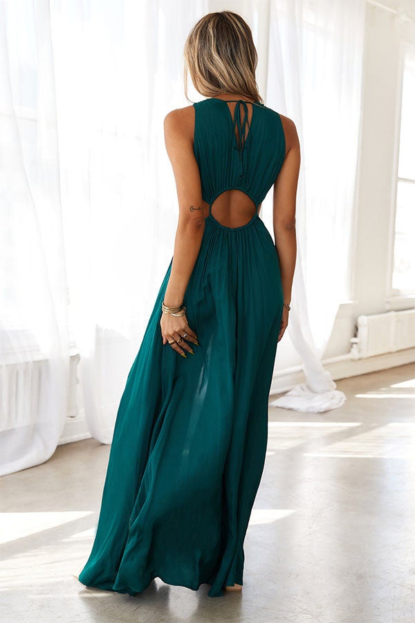 Women's Sleeveless Tie Hollow Out High Waist Irregular Swing Solid Color V-Neck Dress