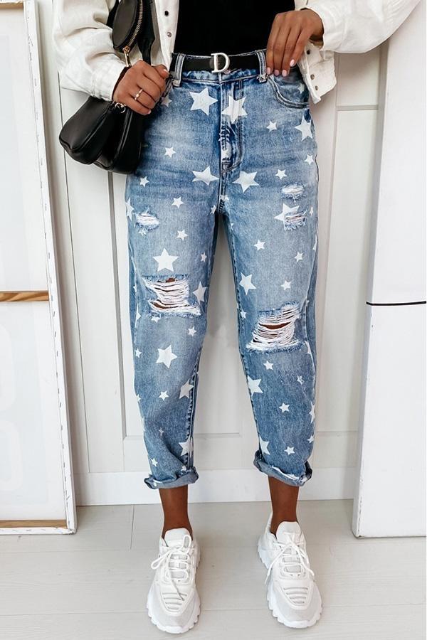 Star Print Loose-fitting Casual Jeans