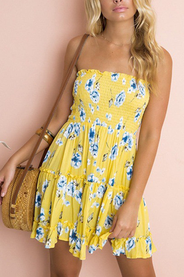 Wrap-chest Panelled Lemon Print Ruffled Backless Women's Dress