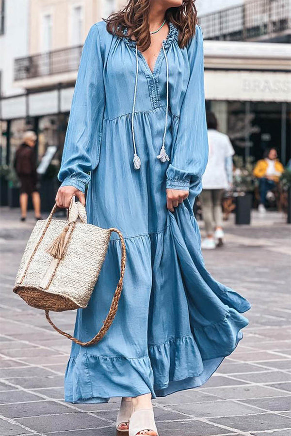 Denim V-neck long-sleeved ruffled maxi dress