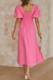 V-neck puff sleeve pleated dress