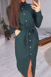 Women's Dresses Lapel Button Tie Long Sleeve Shirt Dress