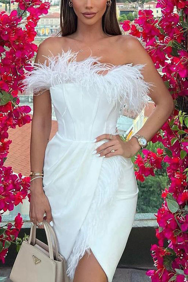 Sleeveless Dress Strapless Fit Slit Pleated Feather Dress