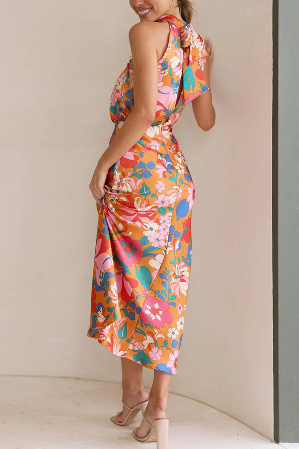 Fascinating Day Floral Halter Neck Elastic Waist Maxi Dress