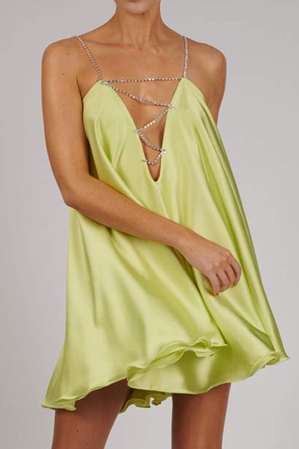 Loose Large Size Crystal Diamond Chain Sling Sexy V Neck Backless Satin Dress